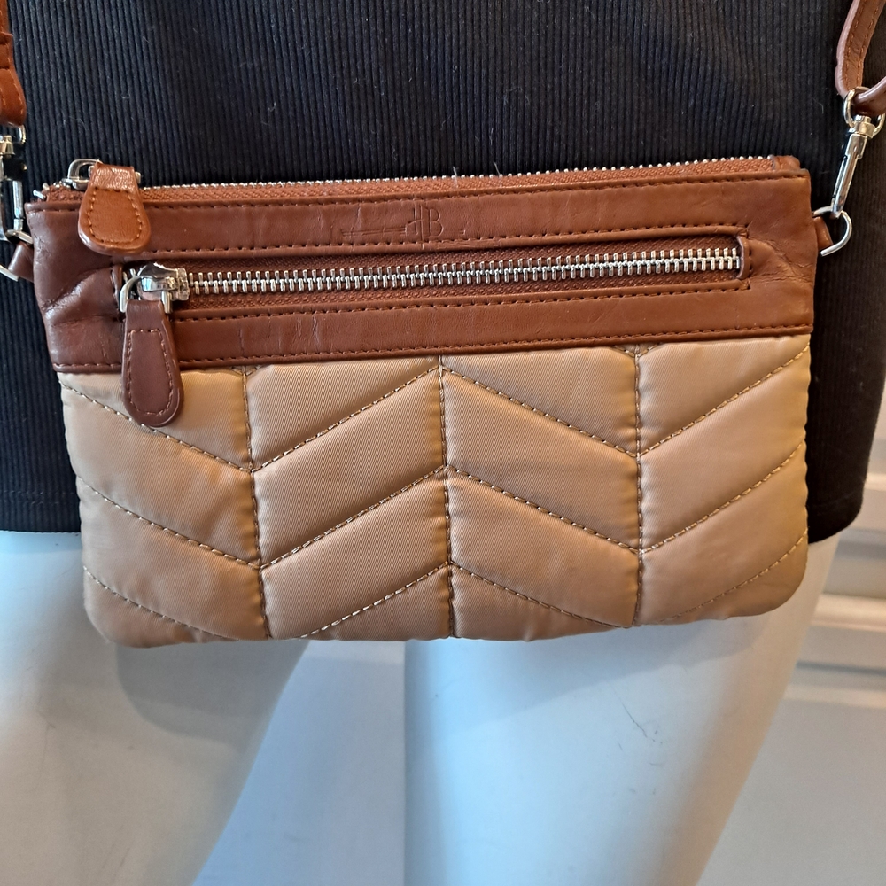 Mighty Purse Handbag Butler Elegant Sleek Tan and Brown Quilted Crossbody Bag